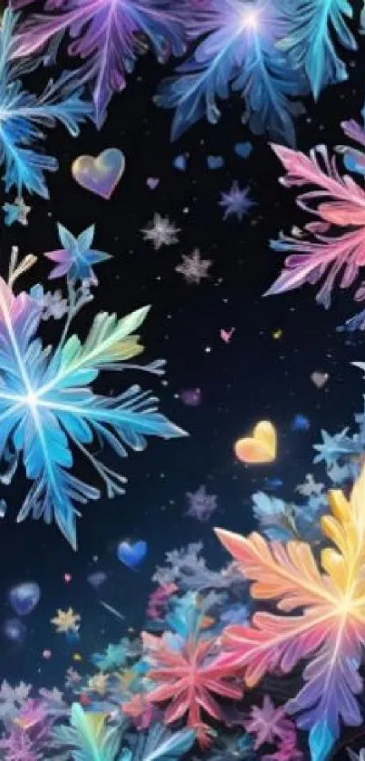 Colorful and vibrant snowflake wallpaper with a dark blue background.