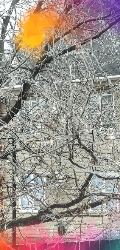 Frost-covered tree with colorful accents against a gray background.