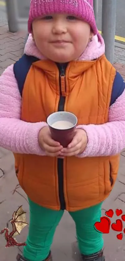 Child in colorful winter clothing with a heart design.