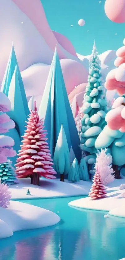 Colorful winter wonderland with stylized trees and a serene water scene.