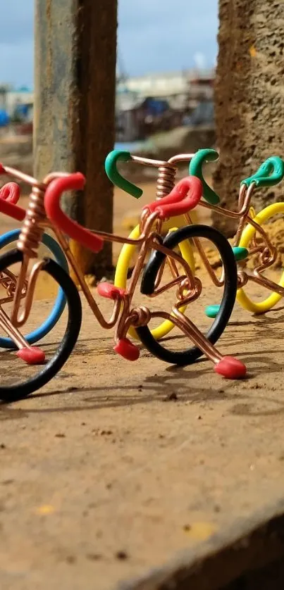 Colorful wire bicycles displayed artistically on a rustic surface.