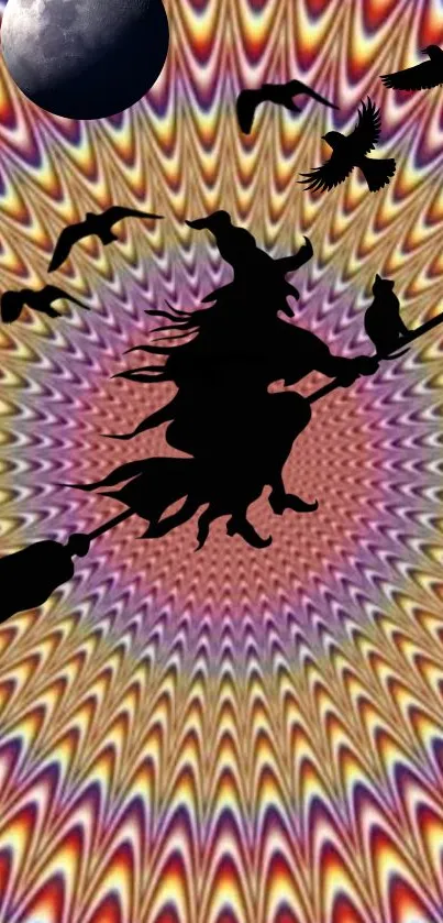 Silhouette of witch on colorful patterned background.