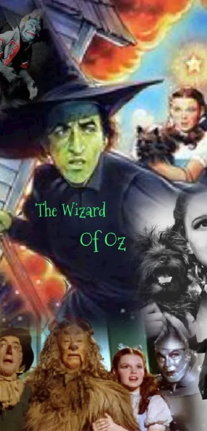 Wizard of Oz characters collage with colorful background.