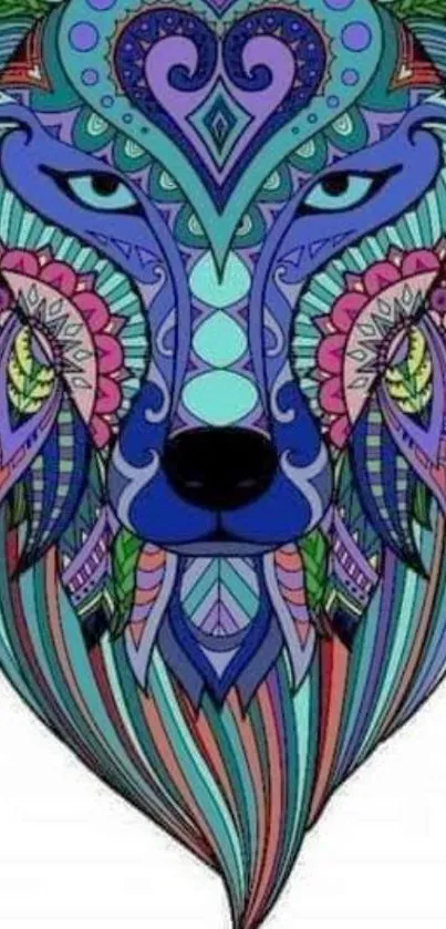 Colorful wolf artwork with intricate patterns and vibrant colors.