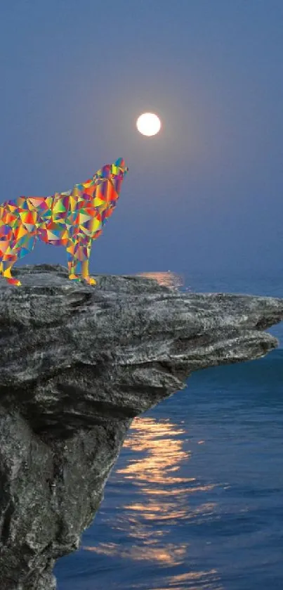 Colorful geometric wolf on cliff under full moon by the ocean.