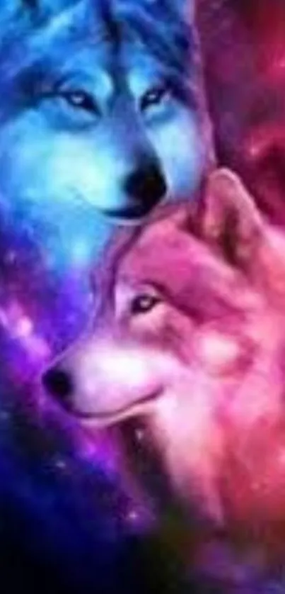 Colorful wolves in cosmic galaxy scene with vivid blues and purples.