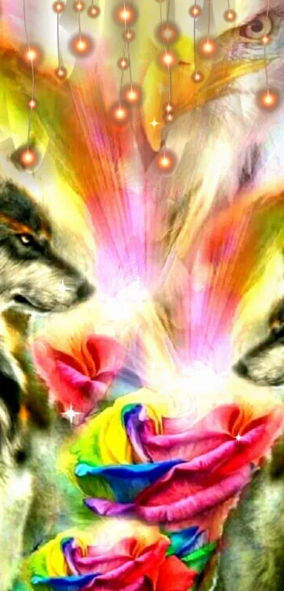 Fantasy wallpaper with wolves, eagles, and rainbow roses.