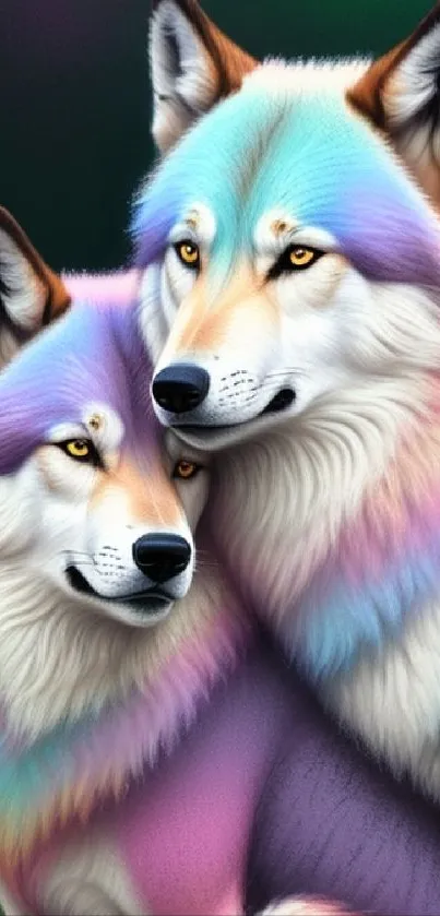 Two wolves with rainbow-colored fur in artistic mobile wallpaper.