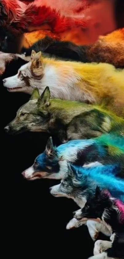 Colorful wolves in dynamic motion on a black background wallpaper.