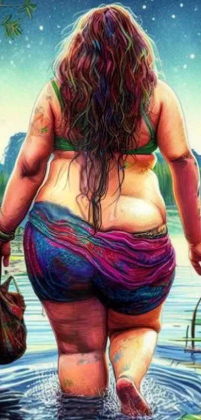 Artwork of a woman in nature with vibrant colors.