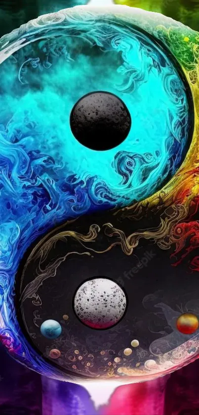 Vibrant Yin Yang wallpaper with colorful cosmic elements.