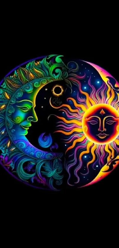 Colorful yin yang with sun and moon on black background.