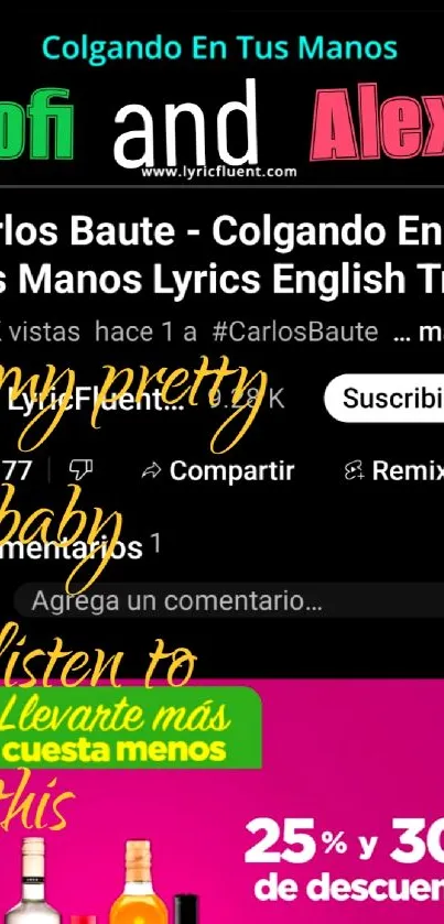 Colorful YouTube music wallpaper with Spanish lyrics and promotional text.