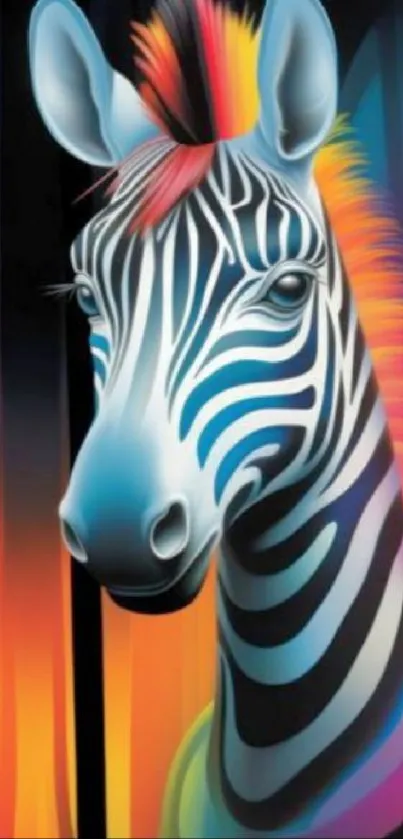 Colorful zebra illustration with neon hues and detailed stripes.