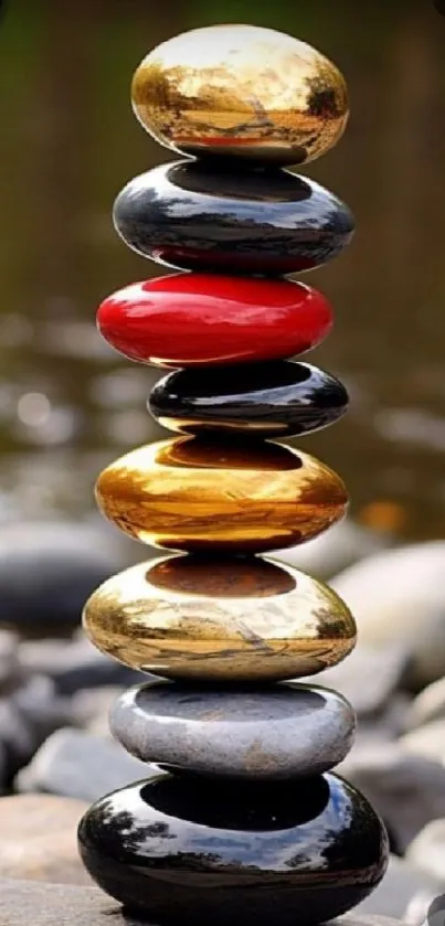 Stack of colorful Zen stones by a river, creating a serene mobile wallpaper.