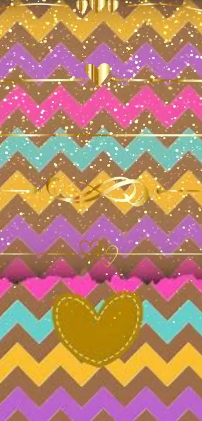 Colorful zigzag pattern with gold hearts on phone wallpaper.