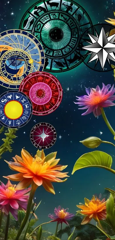 Celestial zodiac wheel with vibrant flowers under a starry night sky.