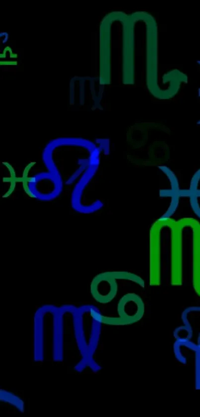 Zodiac symbols in green and blue on black background.