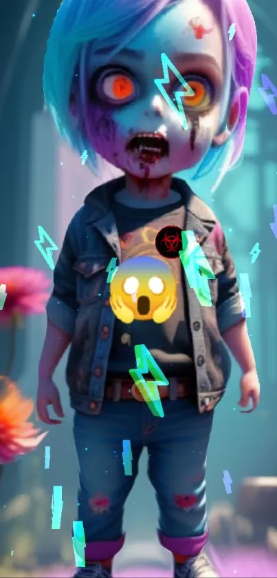 Colorful zombie cartoon character with neon effects.