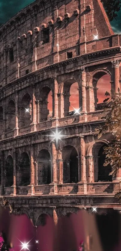 Colosseum at sunset with sparkling sky effect.