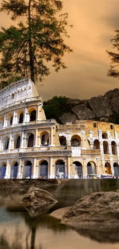 Colosseum surrounded by nature at sunset, perfect mobile wallpaper.