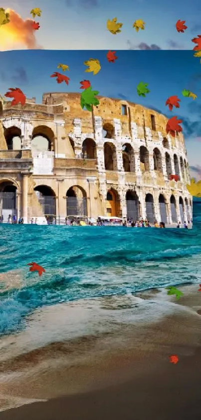 Colosseum surrounded by majestic ocean waves at sunset.