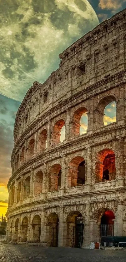 Colosseum illuminated by a full moon with a vibrant night sky.