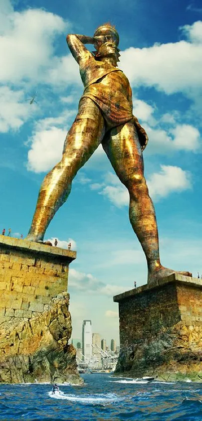 Giant statue overlooking the sea with a bright blue sky.