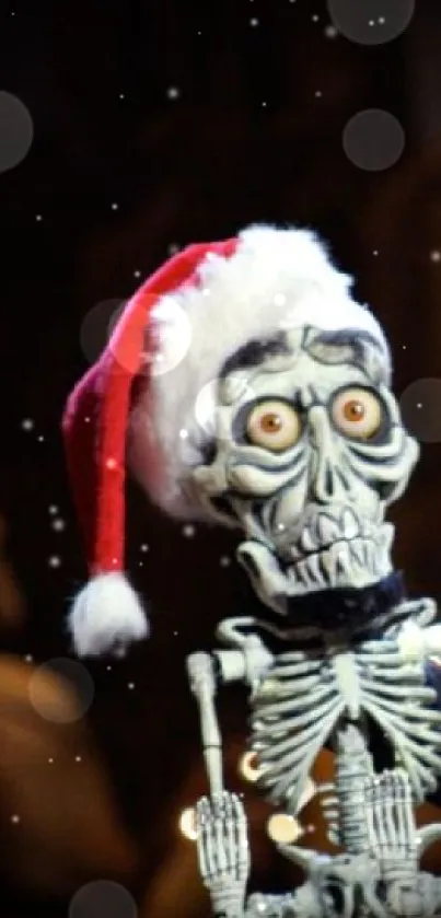 Comedian with skeleton in Santa hat on stage.