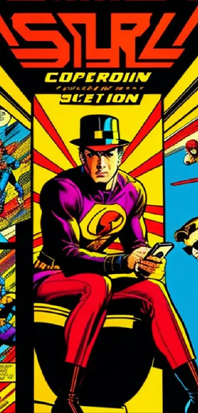 Vibrant comic style superhero mobile wallpaper with bold colors.