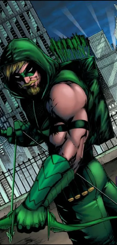 Comic book archer in a green costume taking aim in a detailed cityscape.