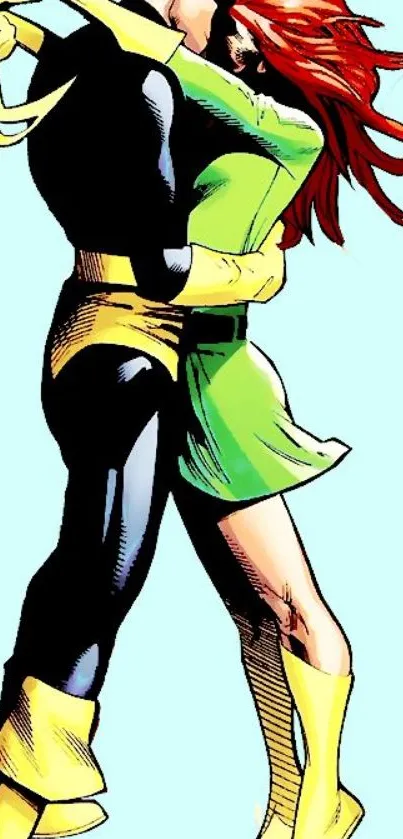 Comic book art of couple in heroic embrace with vibrant colors.