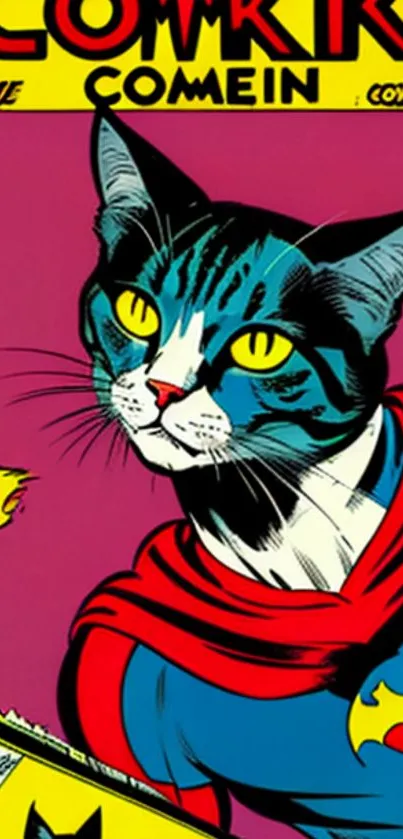 Comic-style superhero cat with pink background.