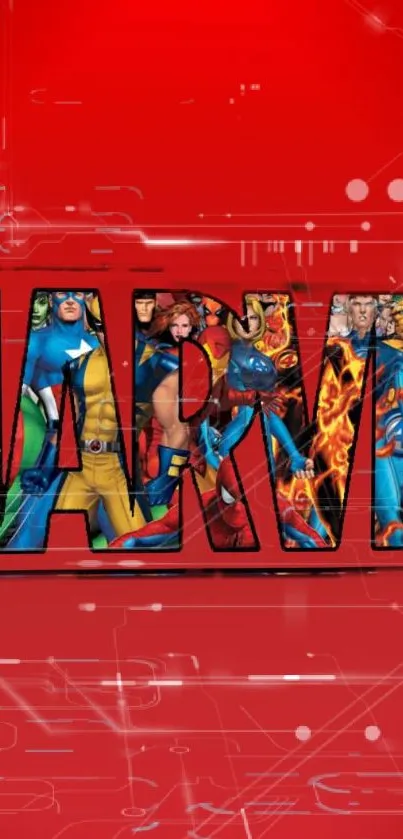 Comic characters collage with red background, perfect for superhero fans.