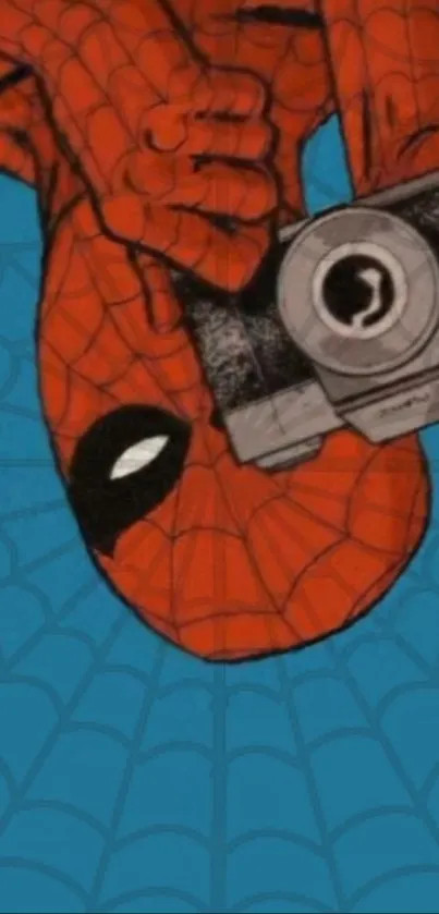 Comic hero holding a camera, set on a blue web background.