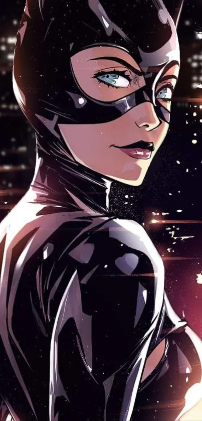 A vibrant Catwoman wallpaper with a comic art style.