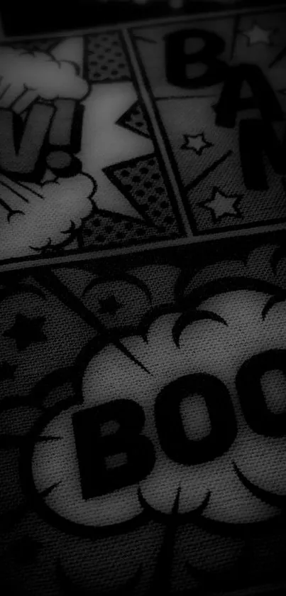 Black and white comic pop art wallpaper with bold text.