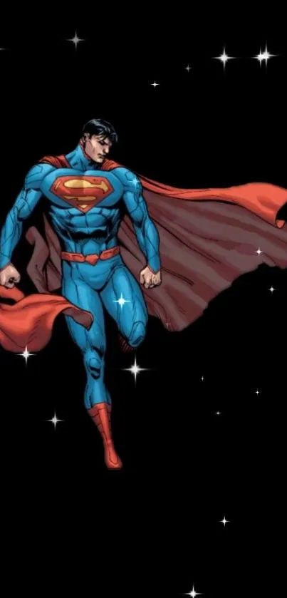 Superhero in blue suit with red cape against a starry black background.