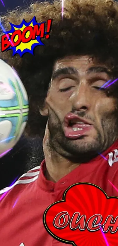 Humorous football action shot with comic-style effects and colorful design.