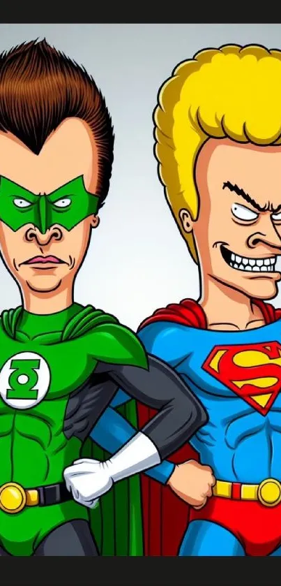 Comical cartoon superhero duo in colorful costumes.