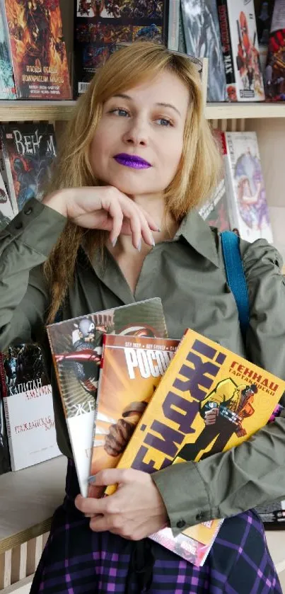 A person stands in a bookstore holding multiple comic books.