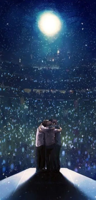 Concert attendees under a starry night sky with glowing blue lights.