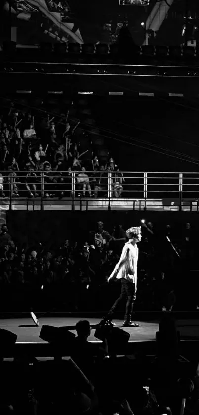 Black and white concert image on stage with crowd.