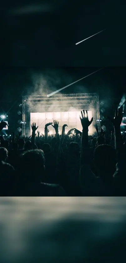 Crowded concert silhouette wallpaper with stage lights.