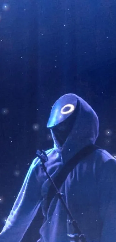 Vibrant concert scene with a masked performer under blue lighting.