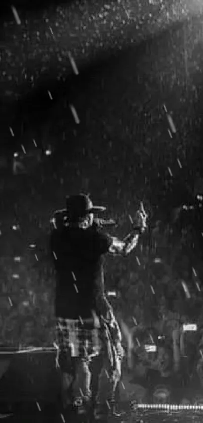 Monochrome concert scene with performer on stage and crowd.