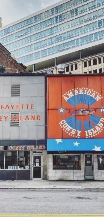 Lafayette and American Coney Island storefronts in city setting.