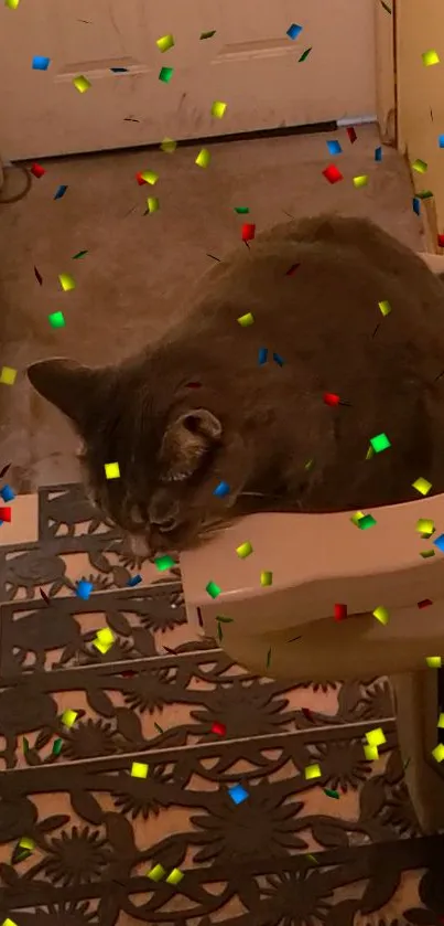 Gray cat surrounded by confetti on stairs.