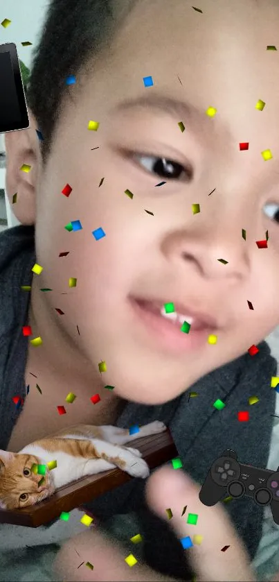 Child's face with confetti and playful graphics on mobile wallpaper.