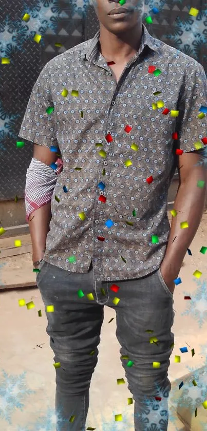 Stylish man with confetti accents, perfect for mobile wallpaper.